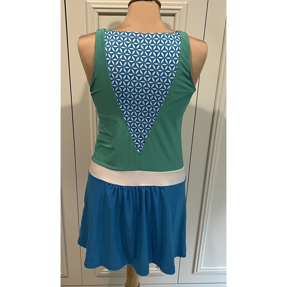 Colorblock Green and Blue Sleeveless Tennis Dress with White Trim - Picture 4 of 9